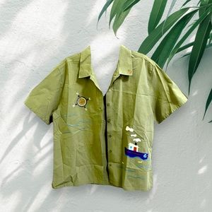 Vtg 80s Cotton Short Sleeve Silhouette Embroidered Details Reworked Shirt! 🌊🛳️